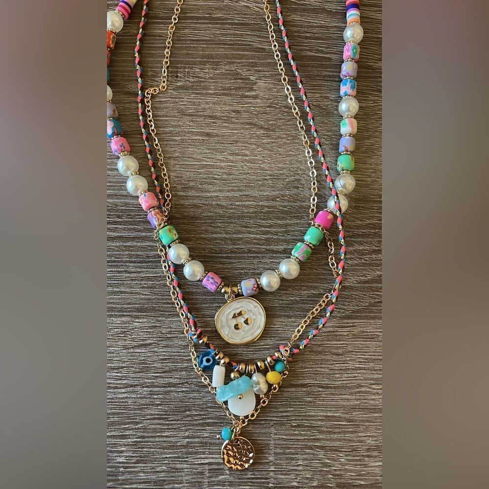 Anthropologie Multicolor Layered Beaded & Gold Charm Necklace - Picture 5 of 5
